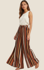 Madison Shop Dafne high-waisted wide-leg palazzo trousers in brown and cream vertical stripes with a matching belt.