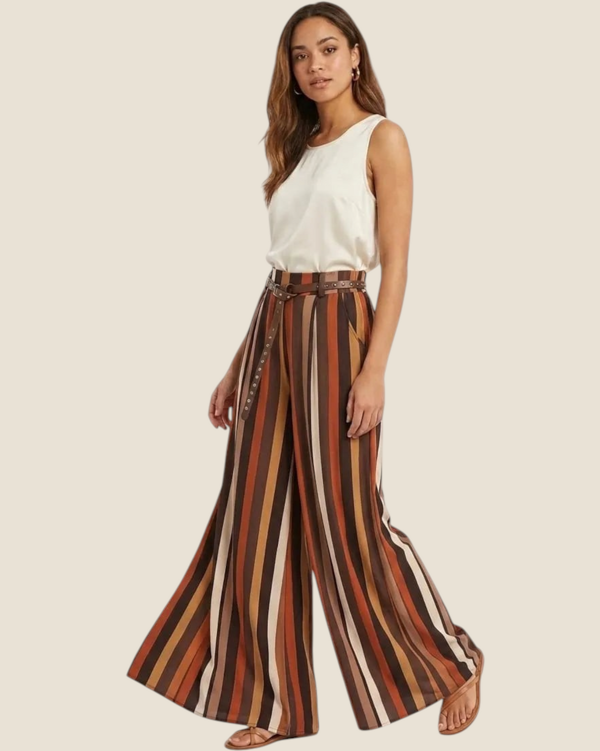 Madison Shop Dafne high-waisted wide-leg palazzo trousers in brown and cream vertical stripes with a matching belt.
