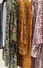 Madison Shop Dafne kimono set in botanical and floral prints with striped viscose lining in olive, mustard, and pink