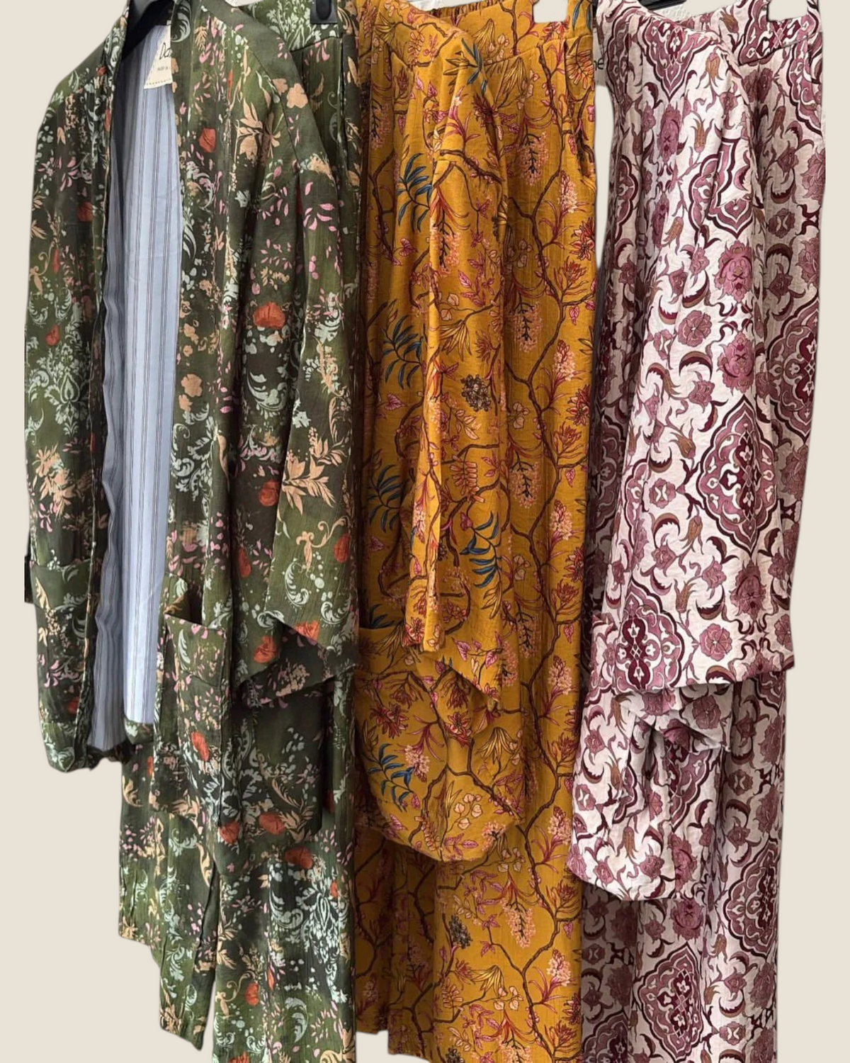 Madison Shop Dafne kimono set in botanical and floral prints with striped viscose lining in olive, mustard, and pink