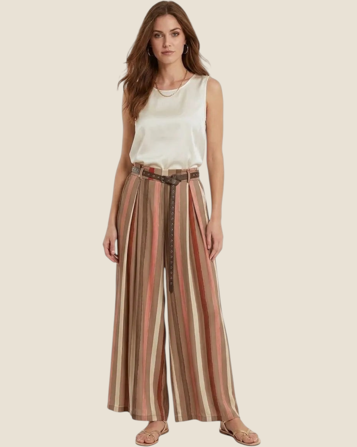 Madison Shop Dafne high-waisted wide-leg trousers in striped viscose with a matching belt on a female model.