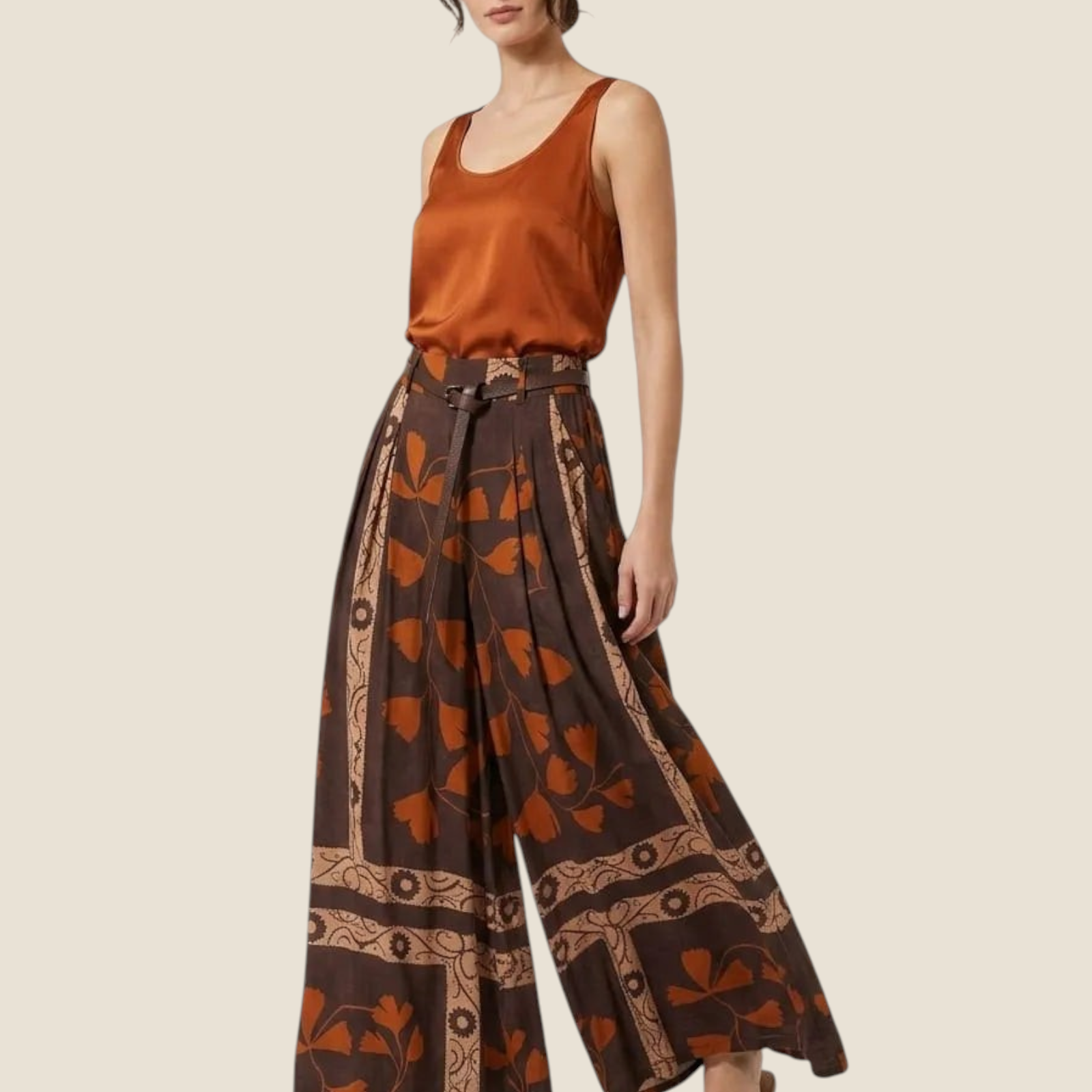 Madison Shop Dafne high-waisted wide-leg trousers in brown floral viscose with a matching belt on a model