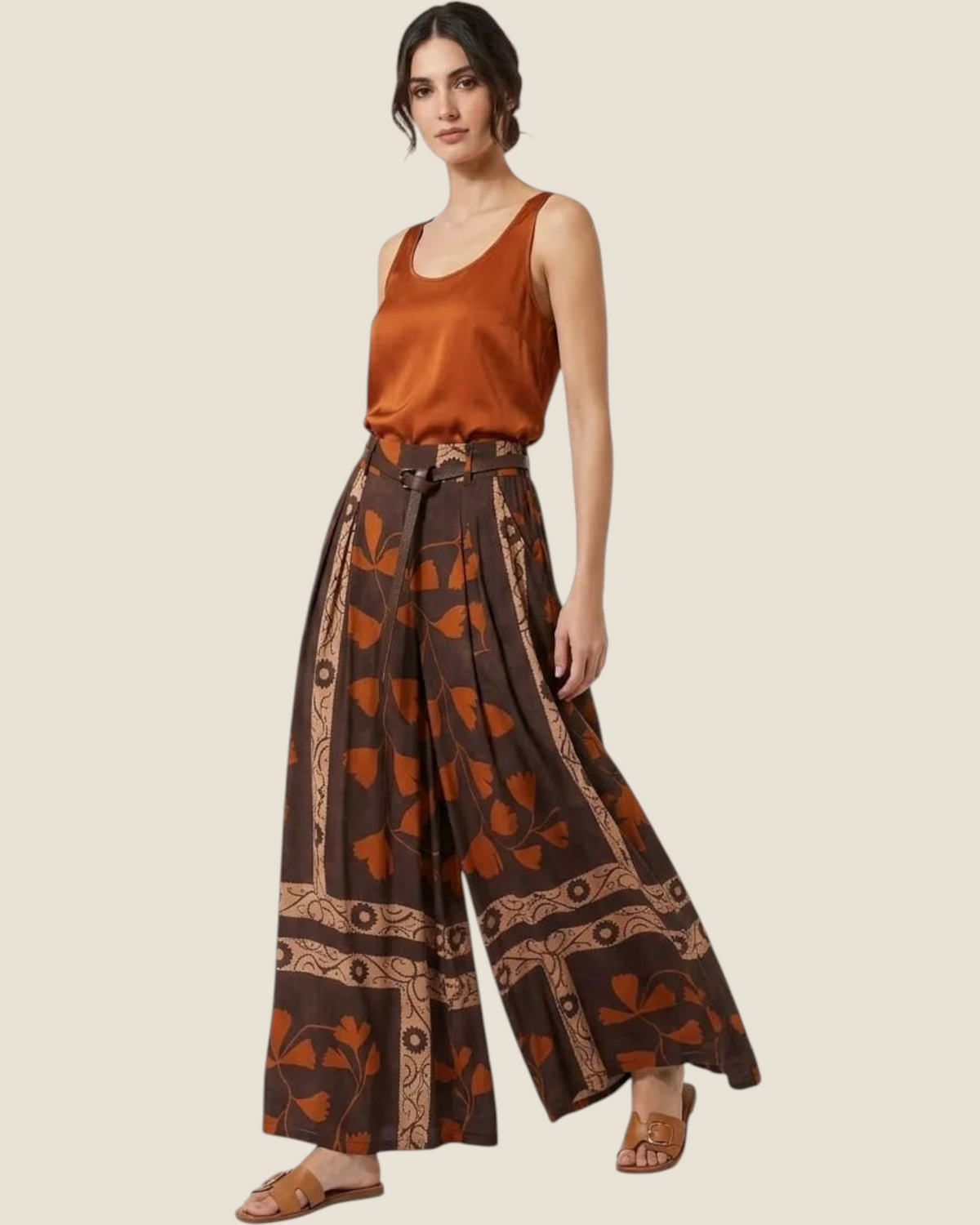 Madison Shop Dafne high-waisted wide-leg trousers in brown floral viscose with a matching belt on a model