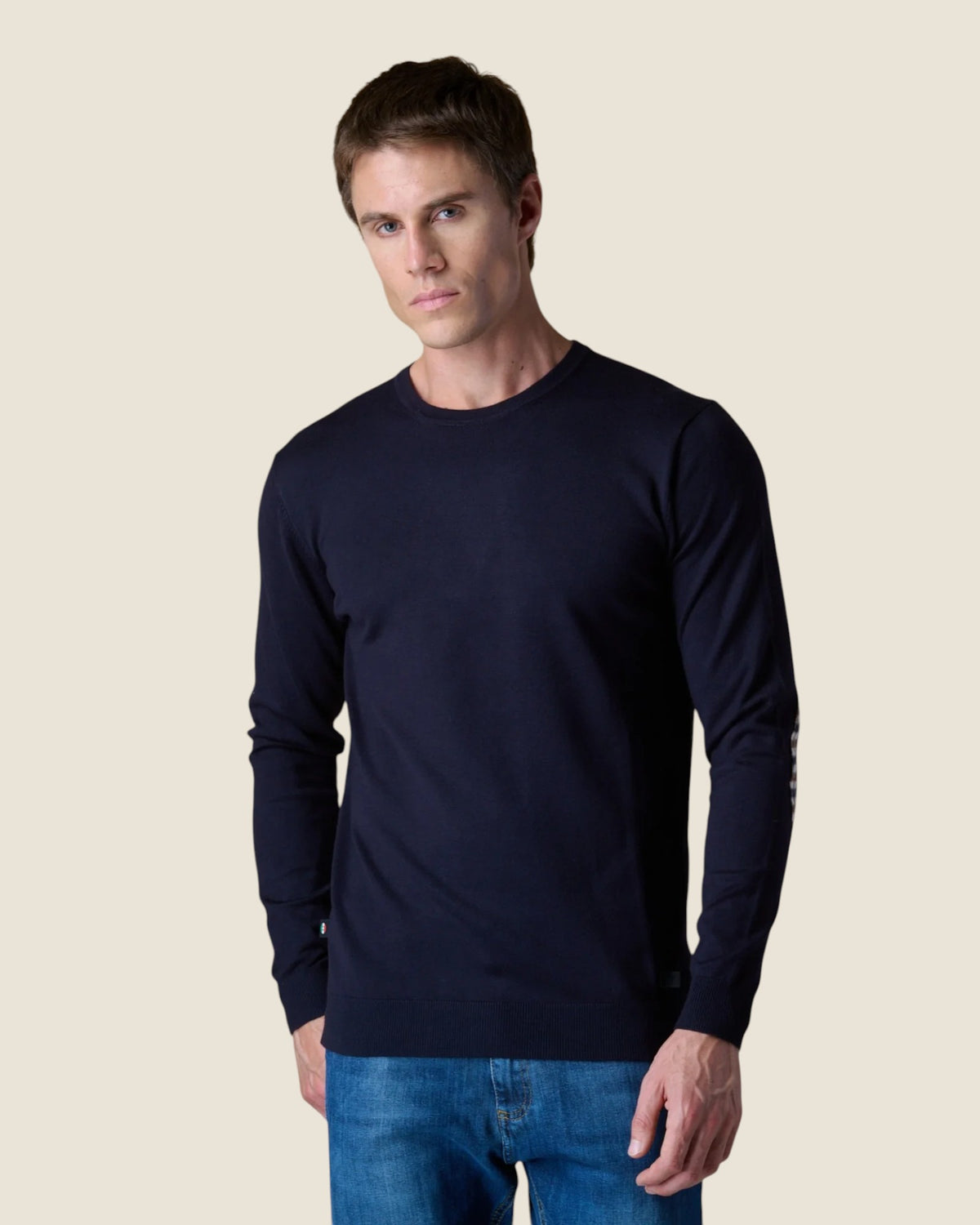Maglione Girocollo in viscosa con Toppe in tessuto V2 Blu (3)