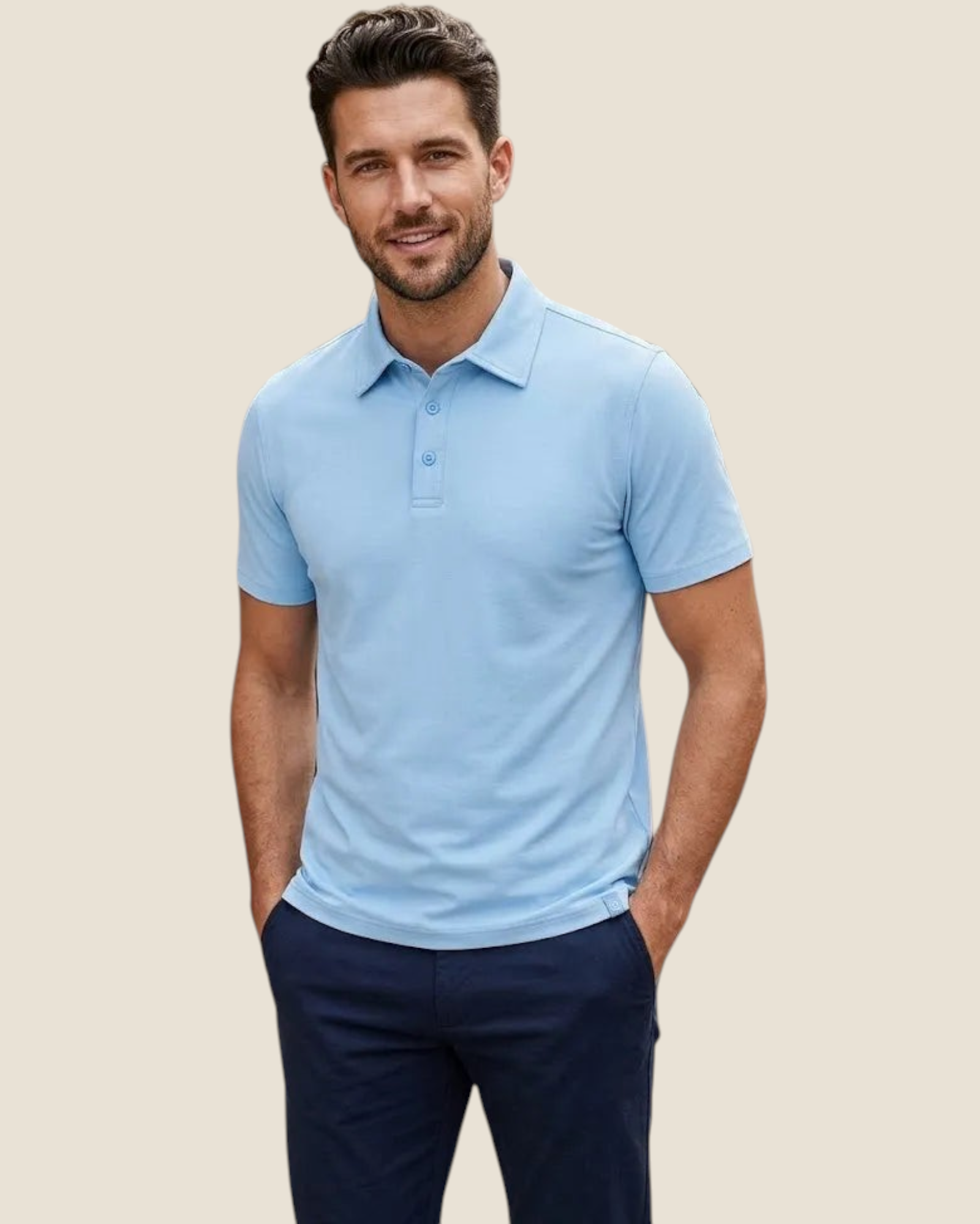 Madison Shop light blue short-sleeve polo shirt in 100% cotton with a classic collar worn by a smiling man