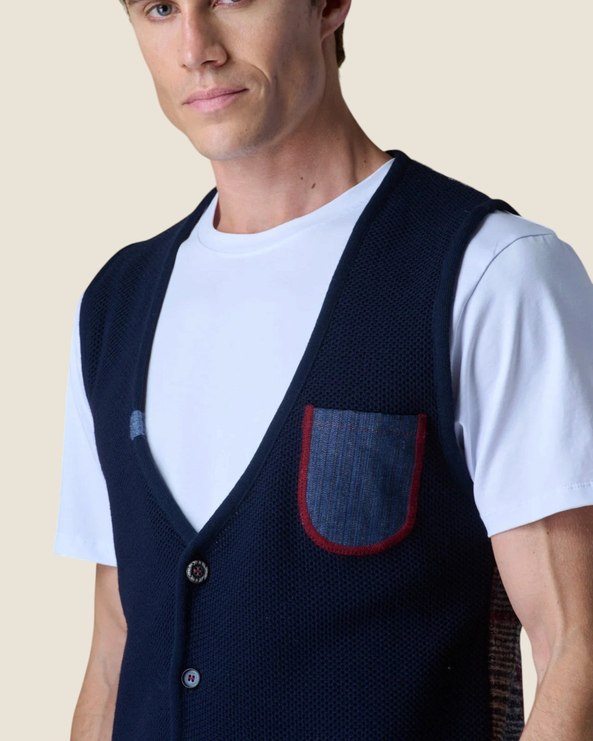Gilet Monopetto Occhio di Pernice Premium con taschino Jeans e retro in tessuto V2 Blu (3)
