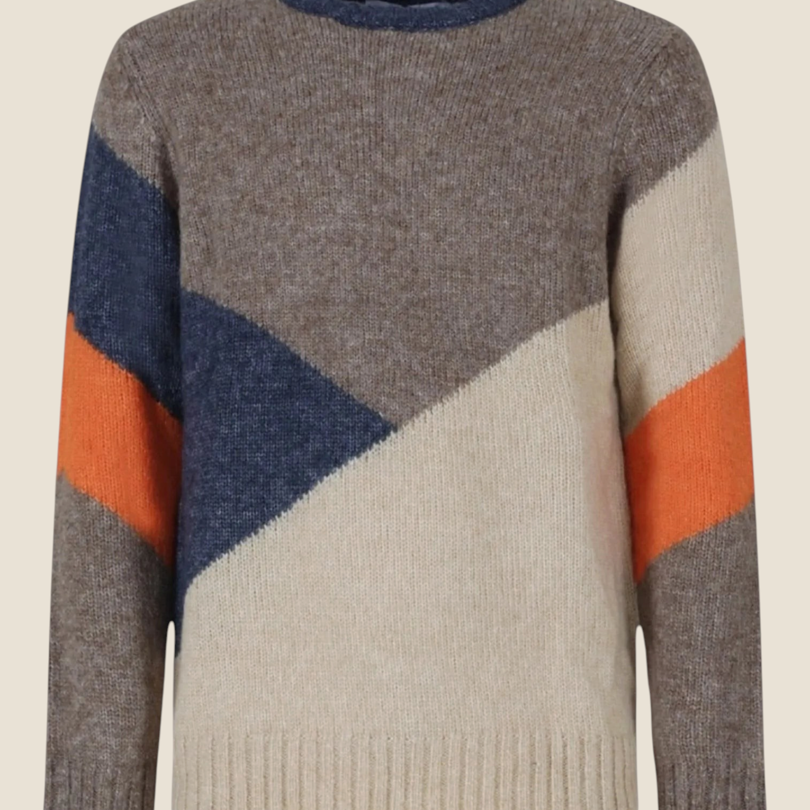 Maglione girocollo Madison Shop con design a blocchi di colore diagonali in toni marroni, blu e arancioni.
