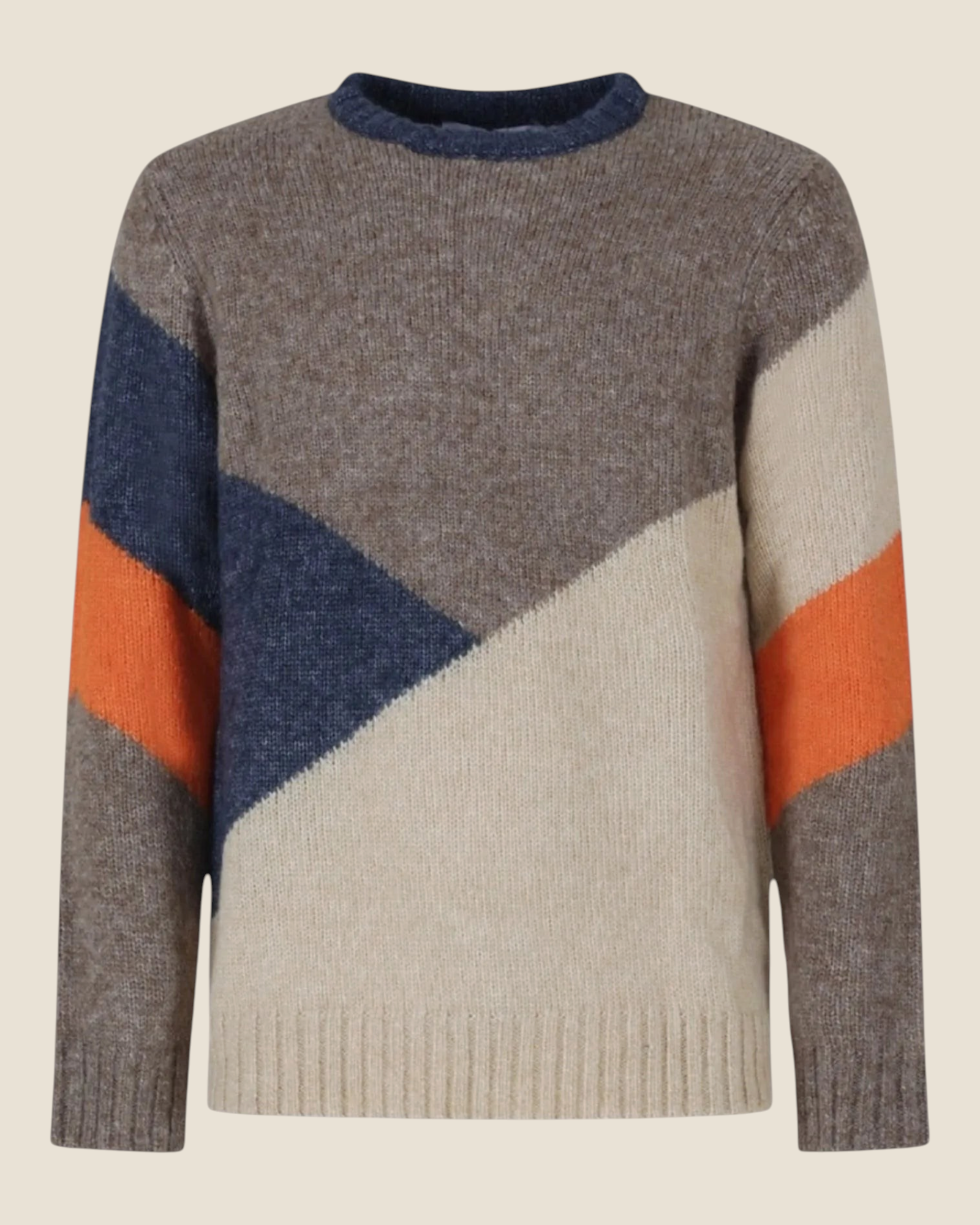 Maglione girocollo Madison Shop con design a blocchi di colore diagonali in toni marroni, blu e arancioni.