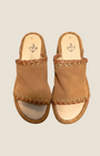 Madison Shop chestnut suede platform sandals with braided leather trim and gold metal eyelets.