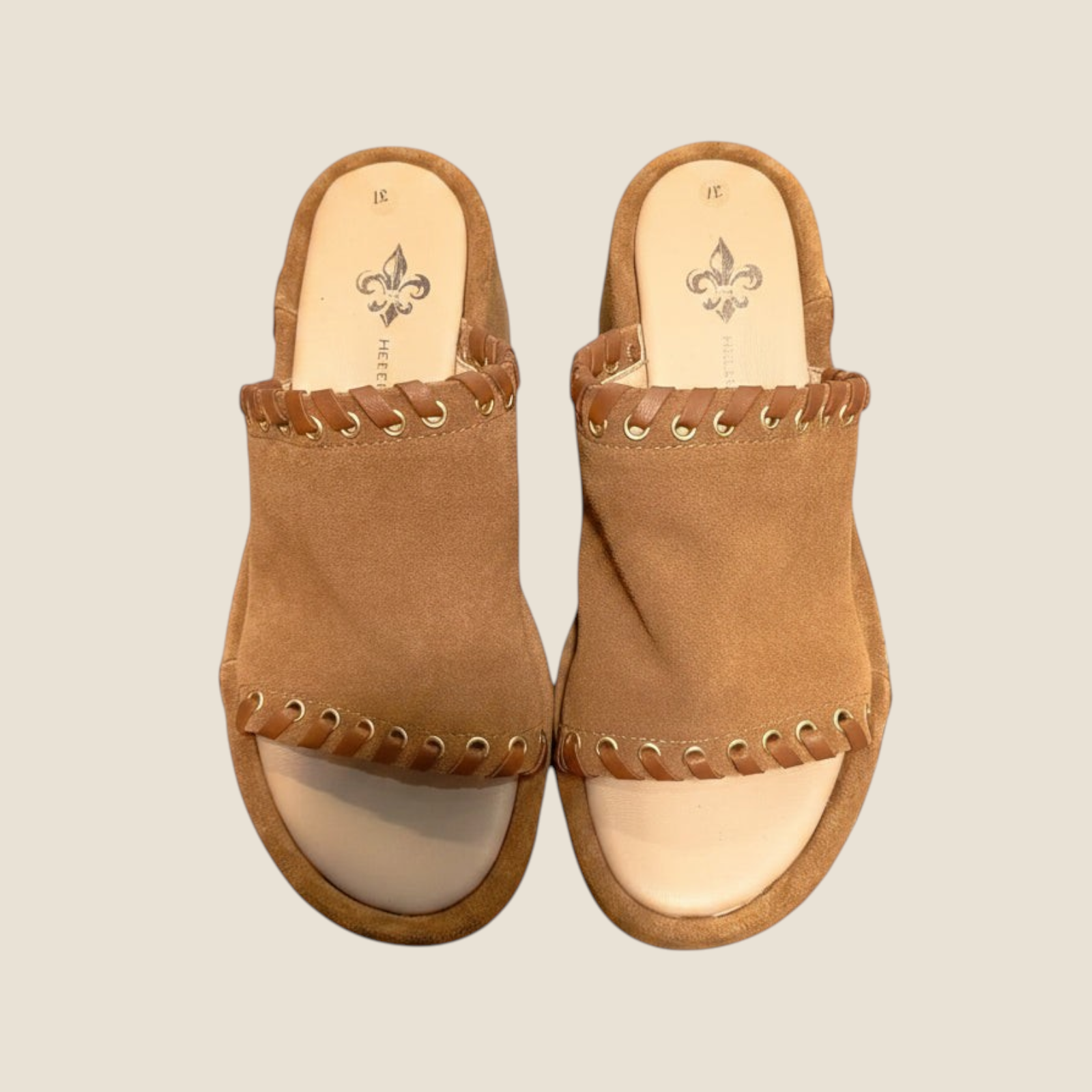 Madison Shop chestnut suede platform sandals with braided leather trim and gold metal eyelets.