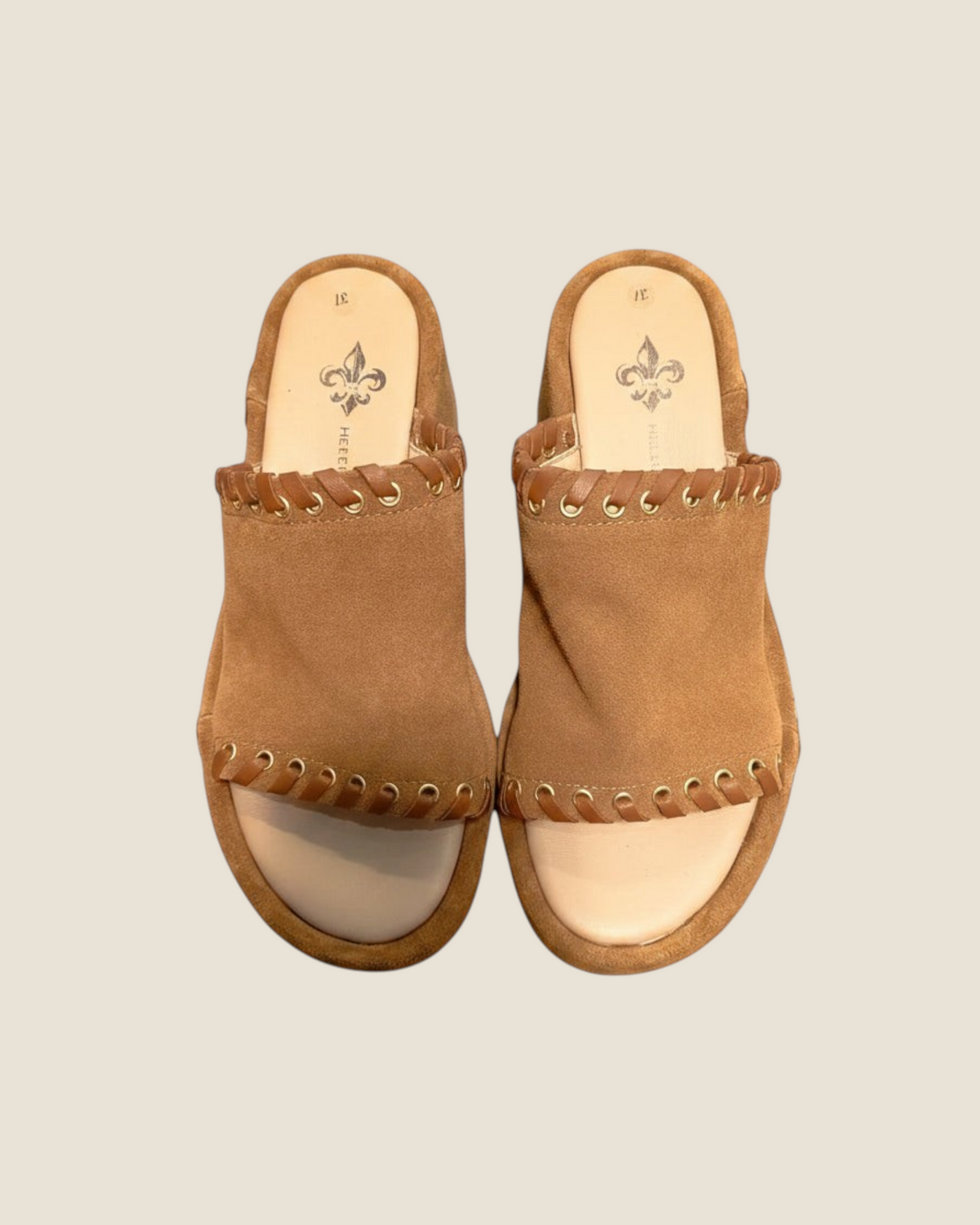 Madison Shop chestnut suede platform sandals with braided leather trim and gold metal eyelets.