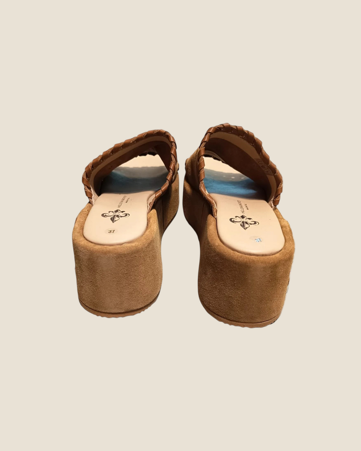 Madison Shop Helena Backer chestnut suede platform sandals with braided leather trim and gold metal accents