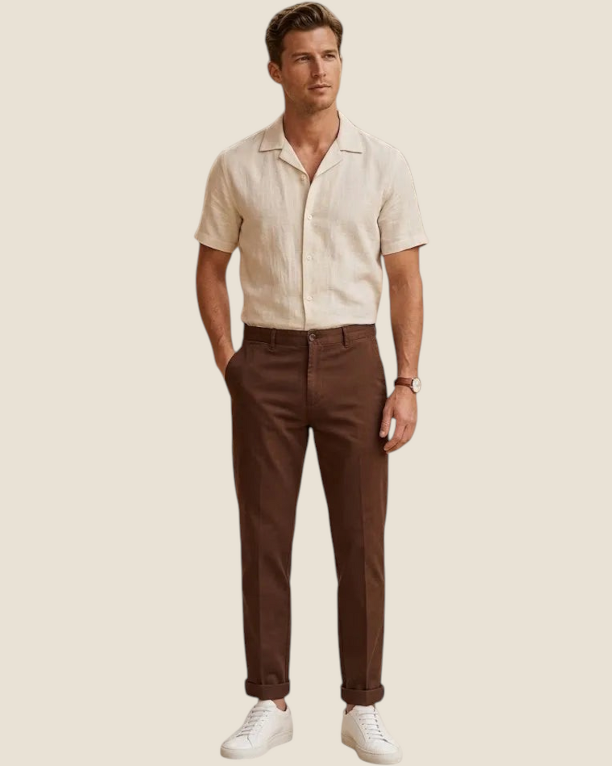 Madison Shop slim fit brown cotton chino trousers with a cuffed hem worn by a man with a beige linen shirt