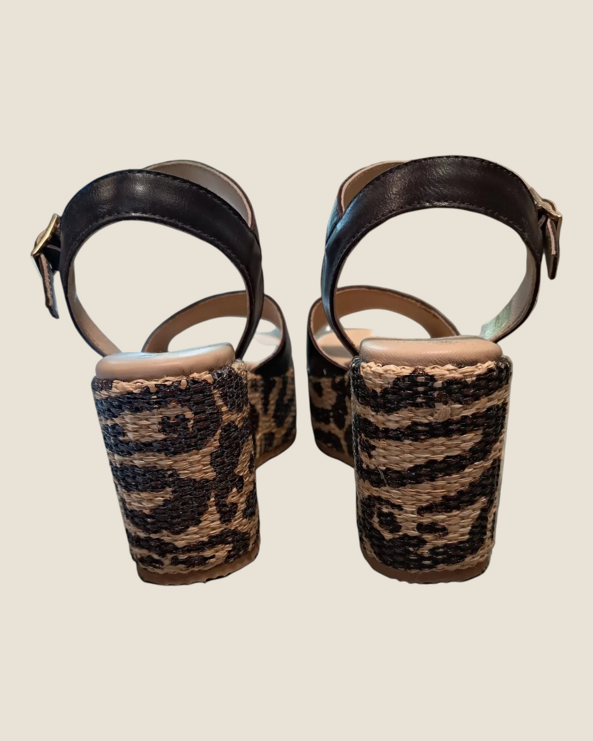 Madison Shop Helena Backer dark brown leather wedge sandals with leopard print rope heel and ankle strap