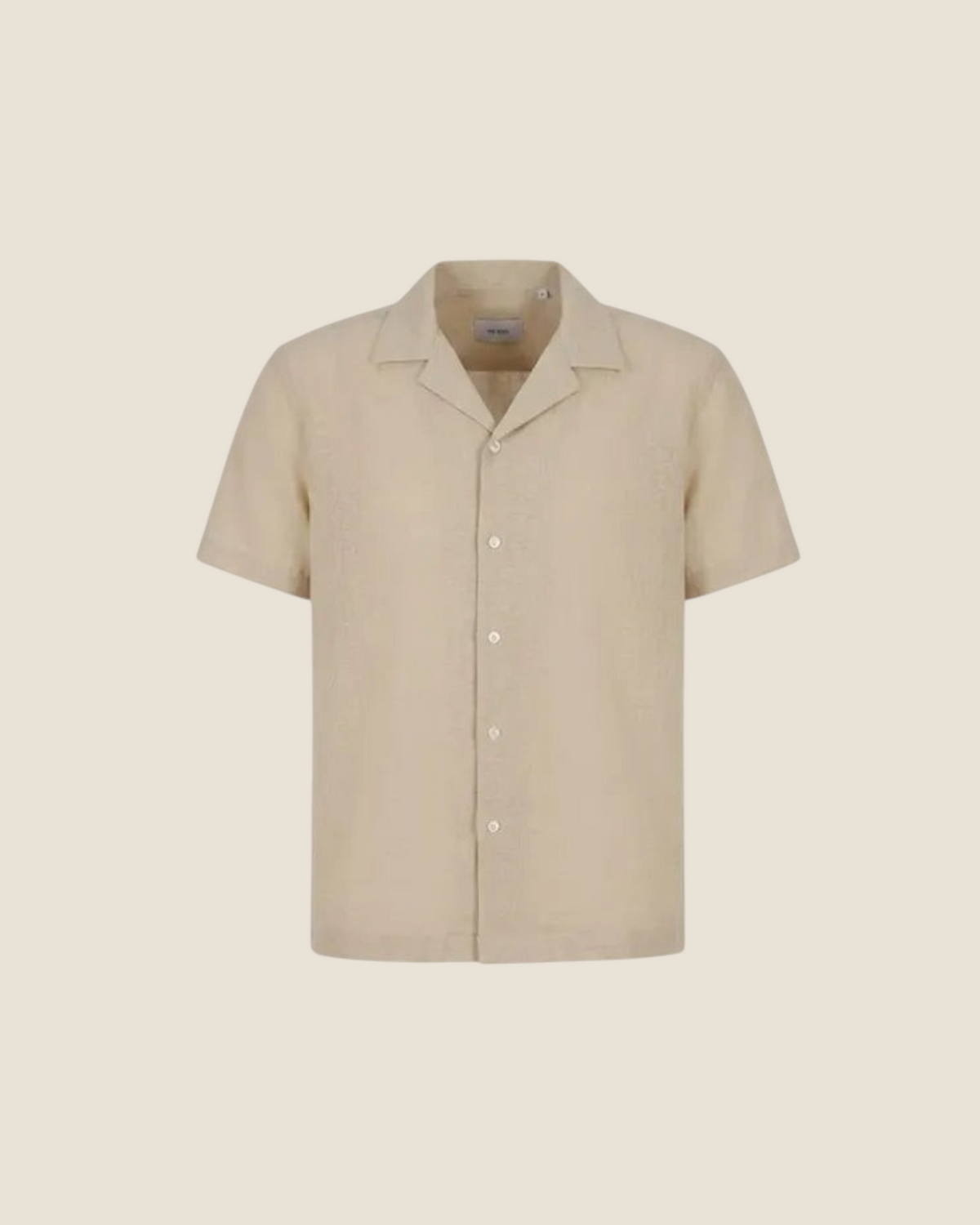 Madison Shop beige short-sleeve shirt with a classic collar and button-down front in a lightweight polyester fabric.