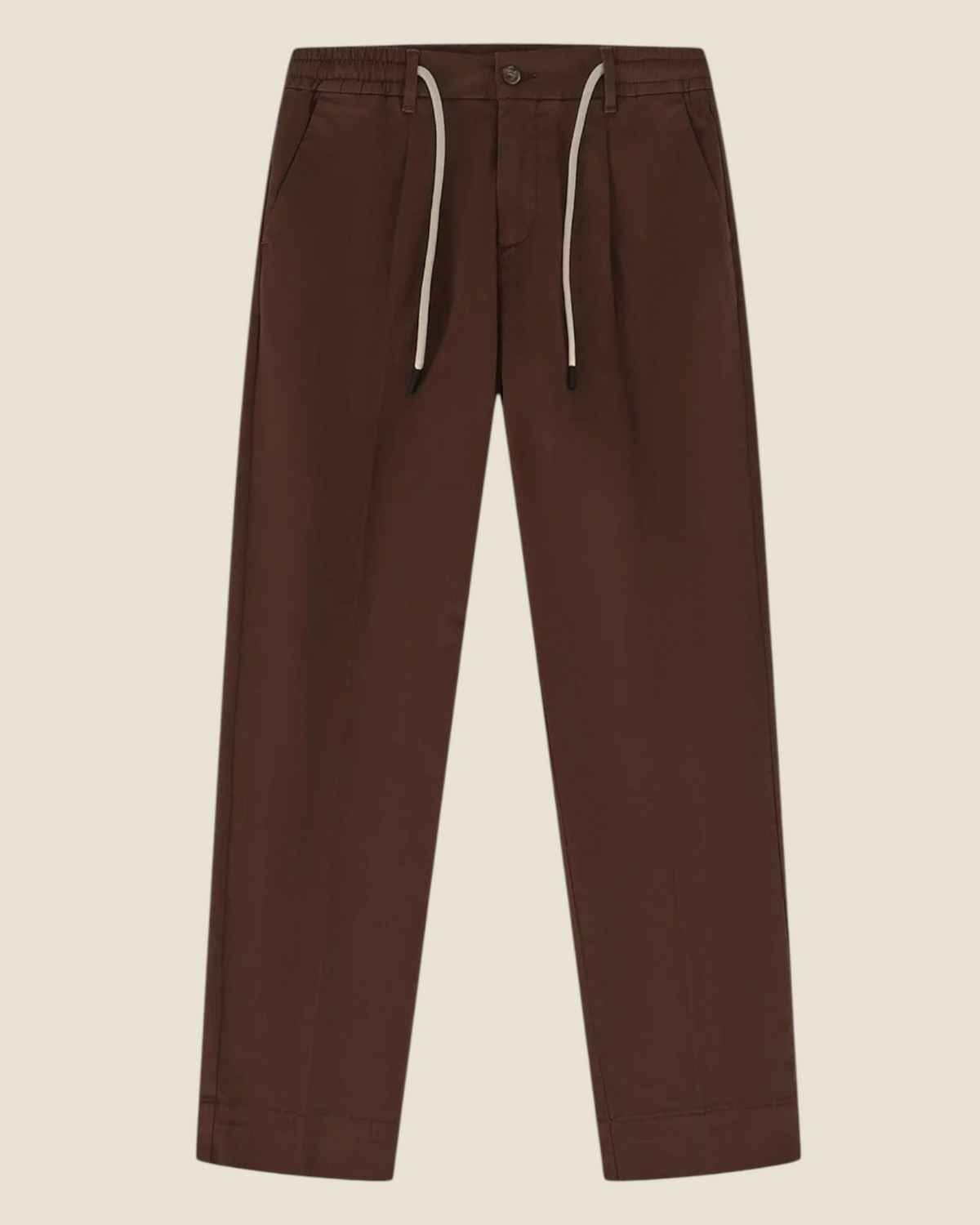 Madison Shop brown cotton chino trousers with front pleats and a contrasting drawstring waist for a smart-casual look.