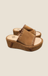 Madison Shop Helena Backer chestnut suede platform sandals with braided leather trim and gold metal eyelets