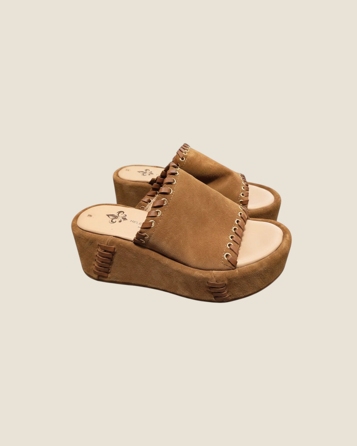 Madison Shop Helena Backer chestnut suede platform sandals with braided leather trim and gold metal eyelets