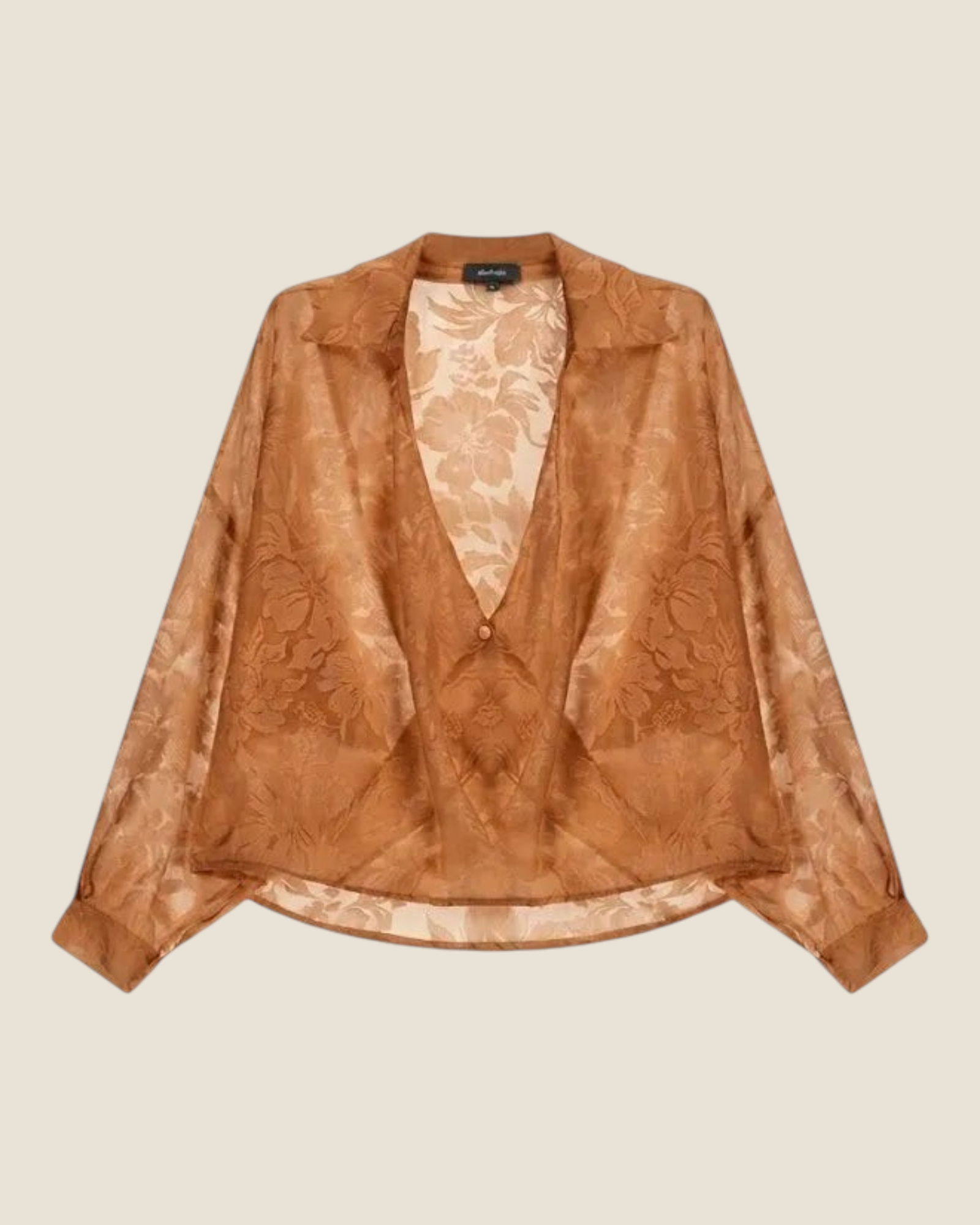 Camicia trasparente Dixie color cuoio con delicato motivo floreale tono su tono, proposta da Madison Shop.