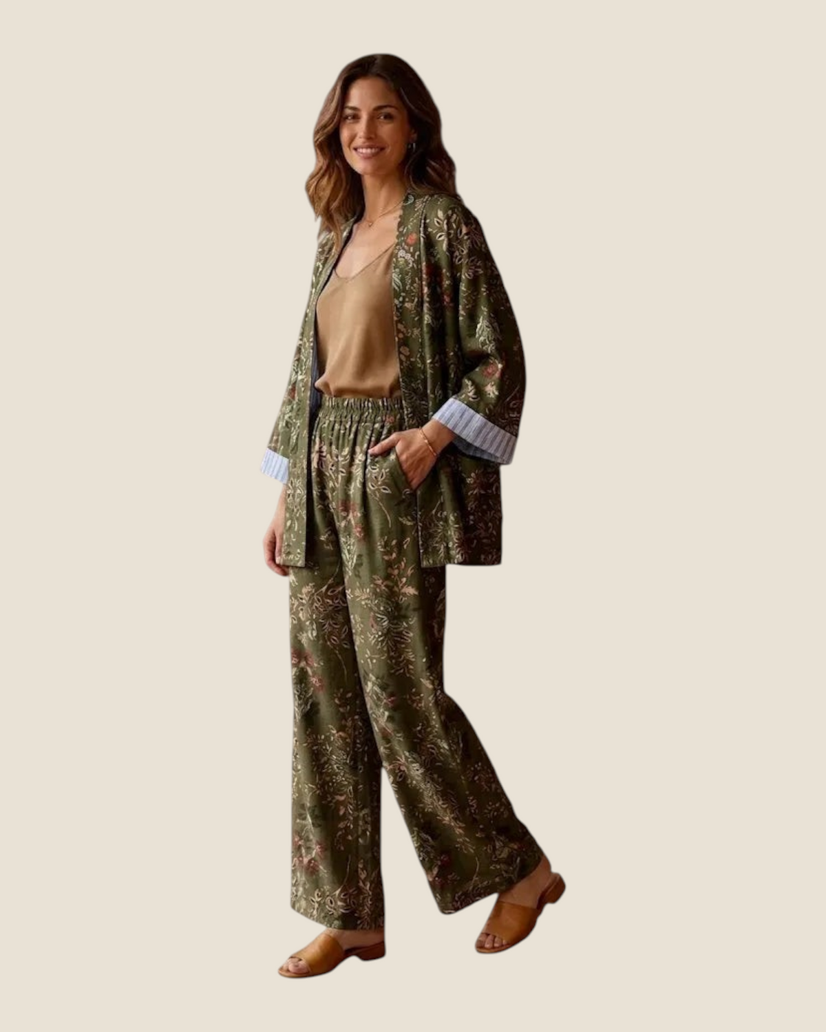 Madison Shop Dafne kimono and palazzo pants set in olive green botanical print with striped viscose lining