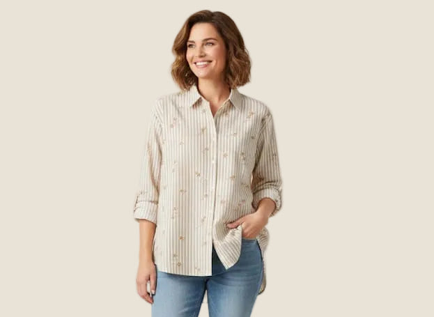Dixie Camicia Oversize a Righe con Ricami Floreali