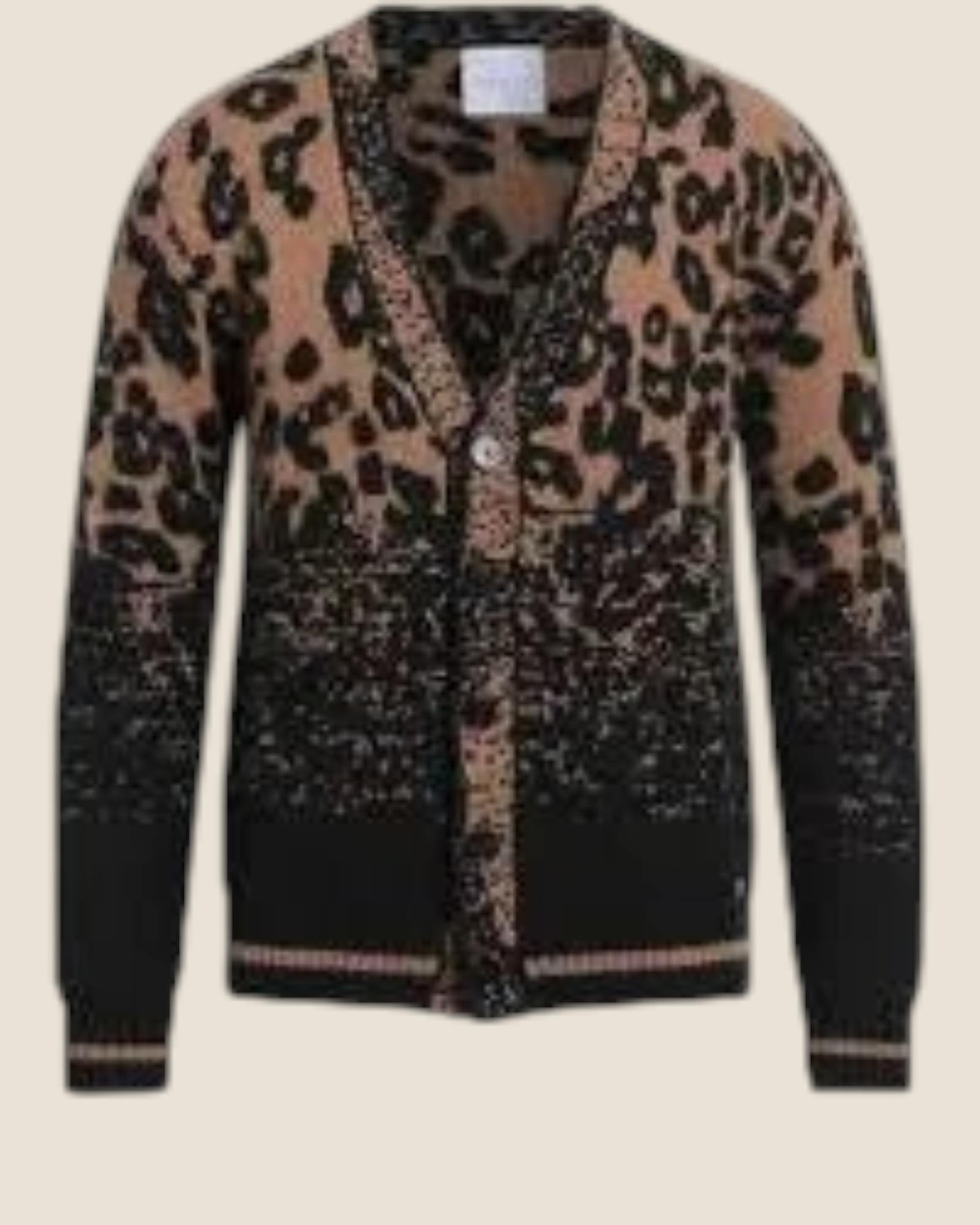 Cardigan Madison Shop in misto alpaca con fantasia leopardata grigia e nera e chiusura frontale a bottoni