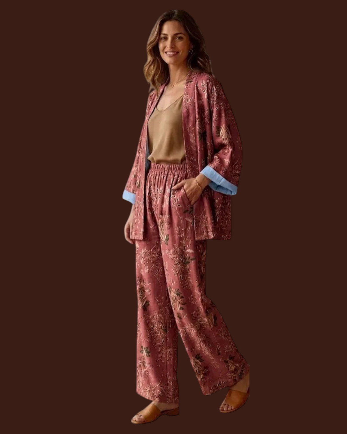 Madison Shop Dafne kimono and palazzo pant set in dusty rose botanical print with light blue contrast lining