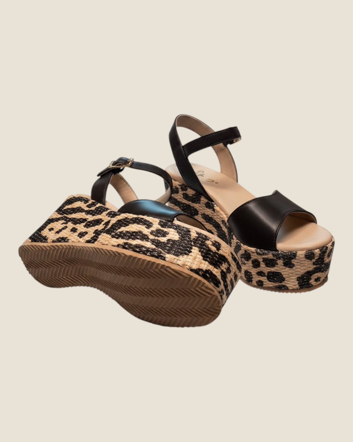 Madison Shop Helena Backer dark brown leather wedge sandals with leopard print rope platform and ankle strap