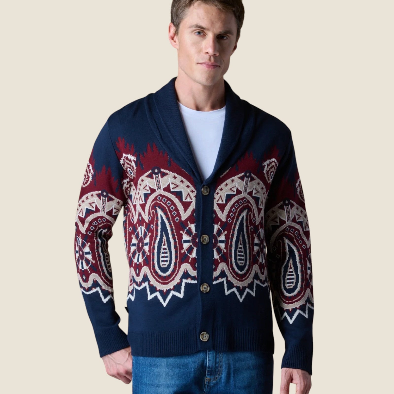 Cardigan Sciallato con intarsio Jaquard Paisley Blu (1)