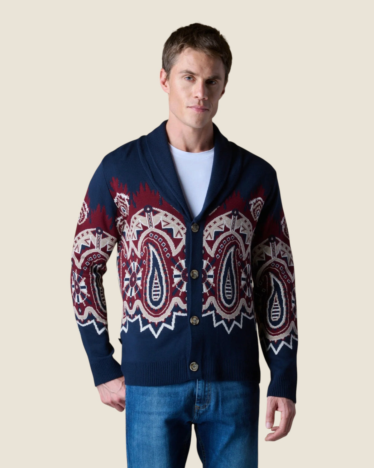 Cardigan Sciallato con intarsio Jaquard Paisley Blu (1)