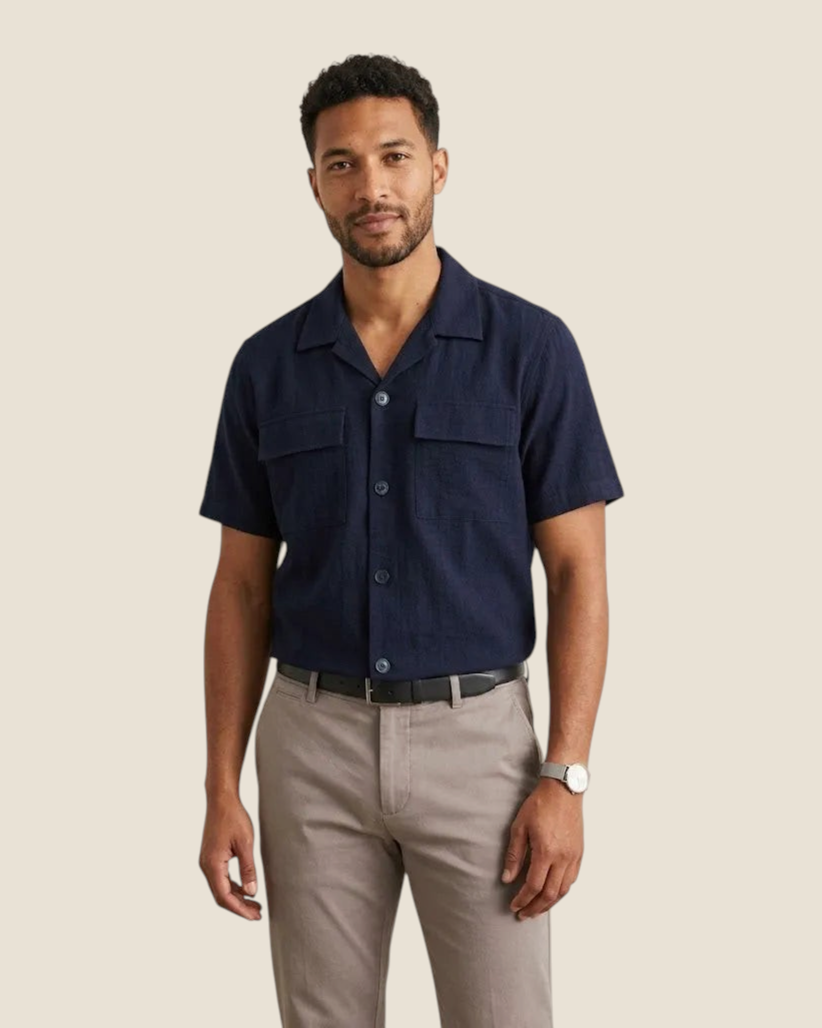 Camicia a maniche corte blu Madison Shop in viscosa e nylon con colletto a revers e tasche frontali utility