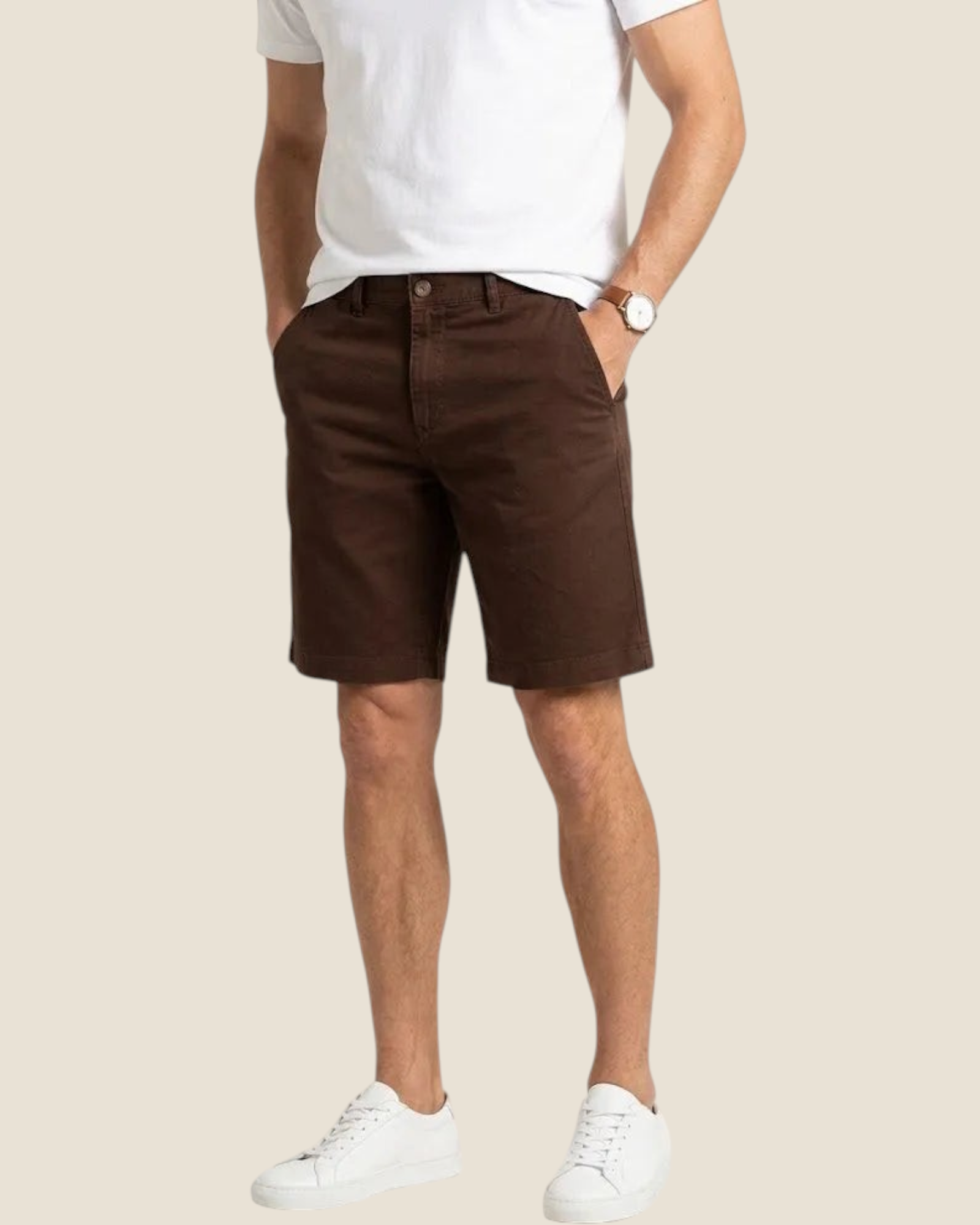 Madison Shop brown slim fit chino bermuda shorts in cotton blend worn by a man with a white t-shirt and sneakers