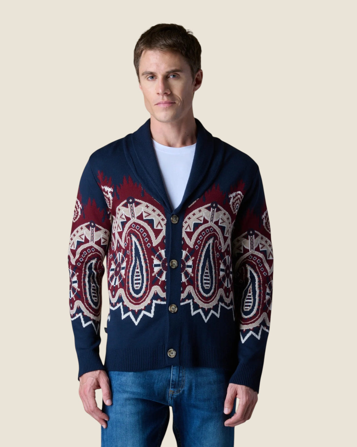 Cardigan Sciallato con intarsio Jaquard Paisley Blu (2)