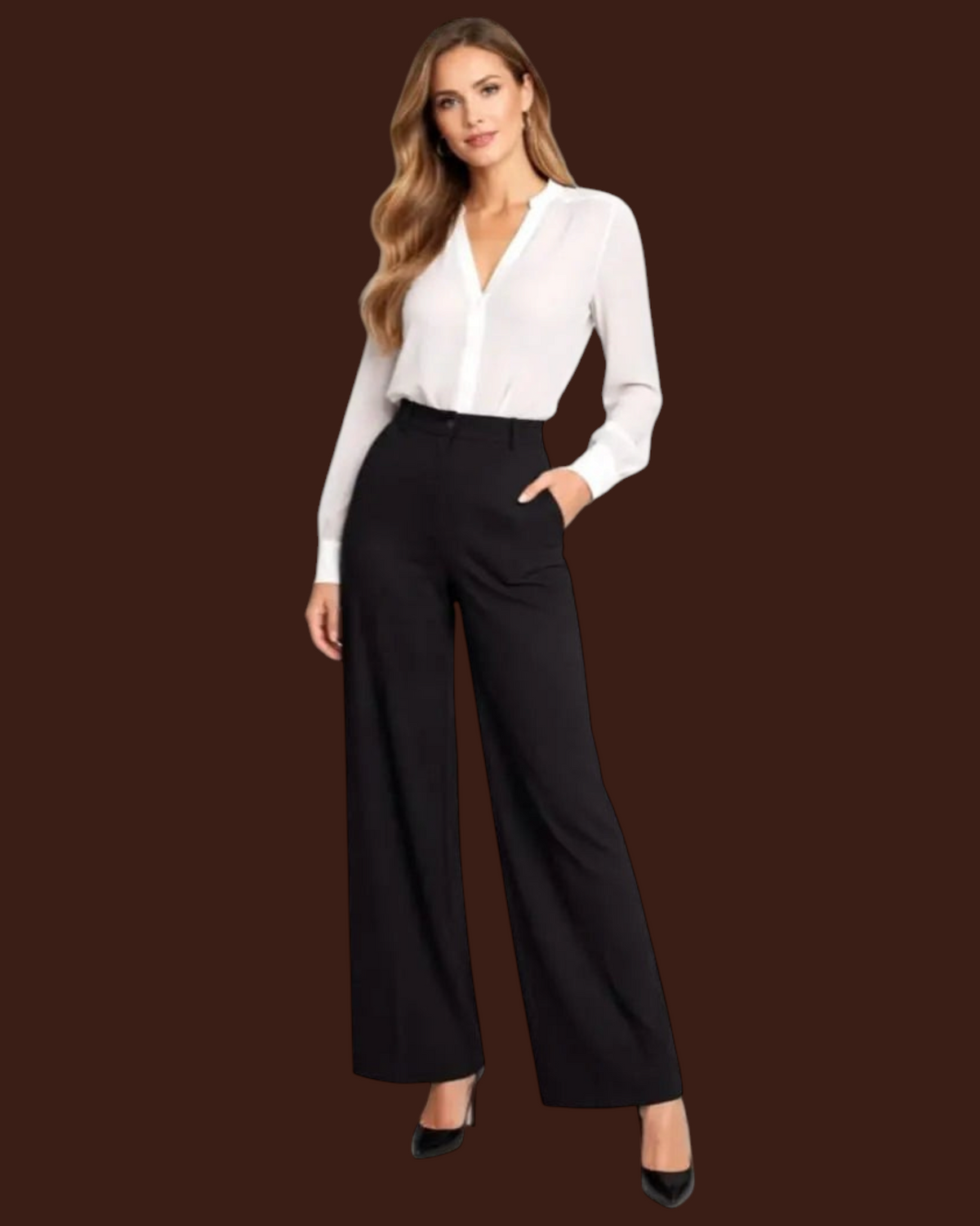 Modella indossa completo Madison Shop con camicia bianca e pantaloni neri a gamba larga in tessuto fluido elegante