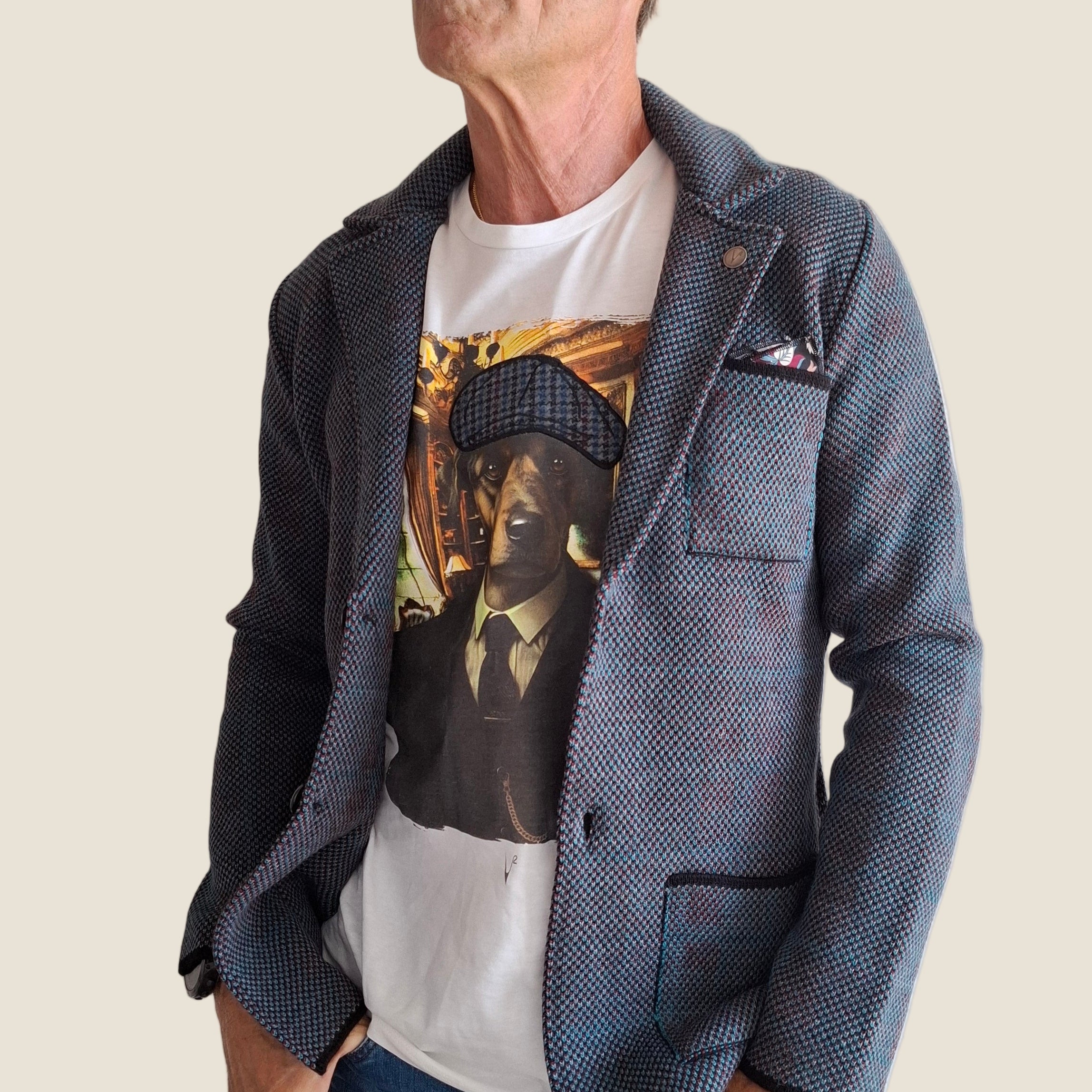 V2 Giacca 4 colori in maglia misto lana lavorata monopetto con pochette