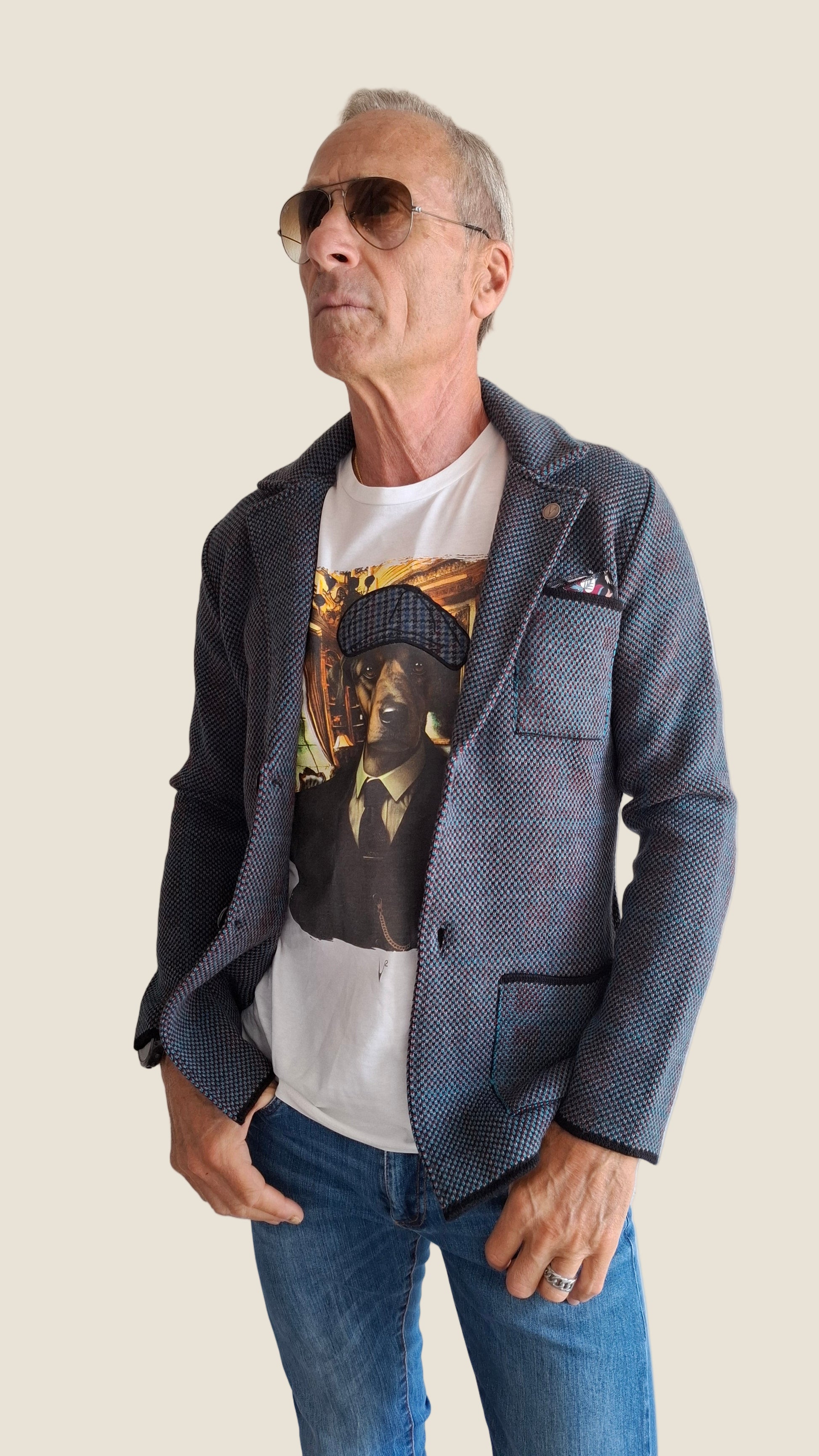 V2 Giacca 4 colori in maglia misto lana lavorata monopetto con pochette