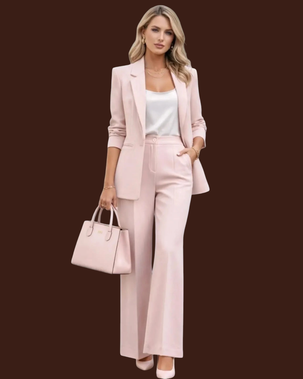 Completo elegante rosa Madison Shop con giacca a un bottone e pantaloni wide-leg, indossato con borsa coordinata