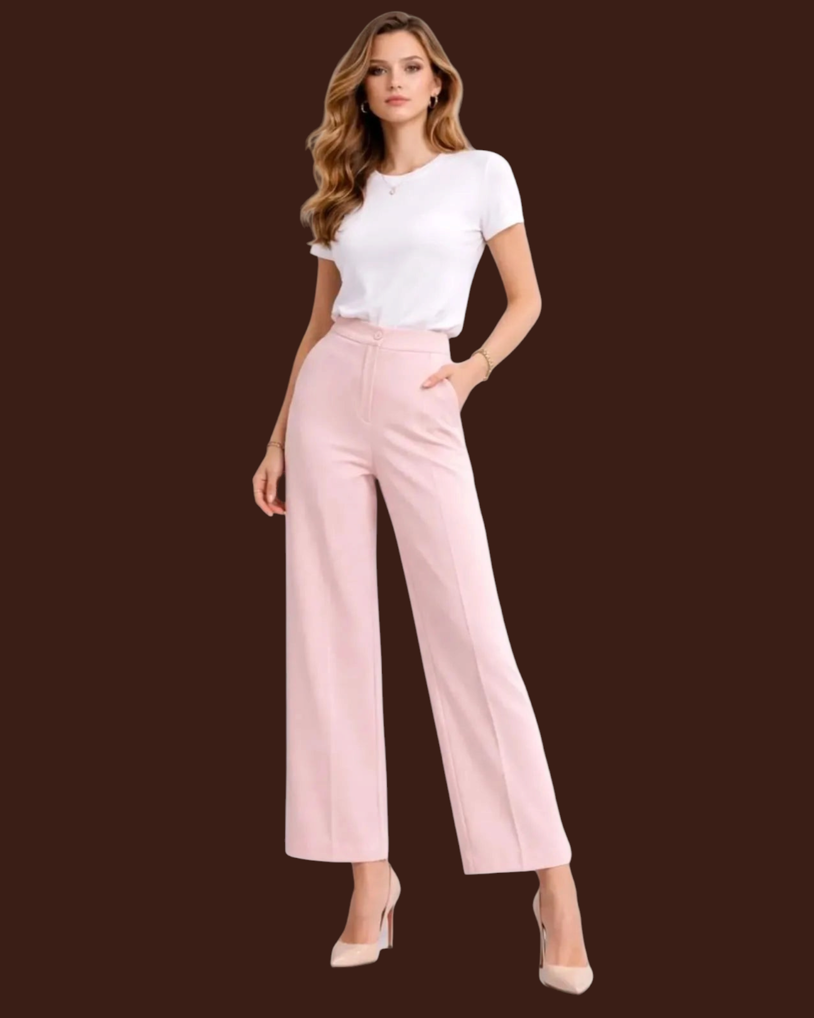 Modella indossa pantaloni Madison Shop rosa a gamba larga con vita alta e t-shirt bianca elegante