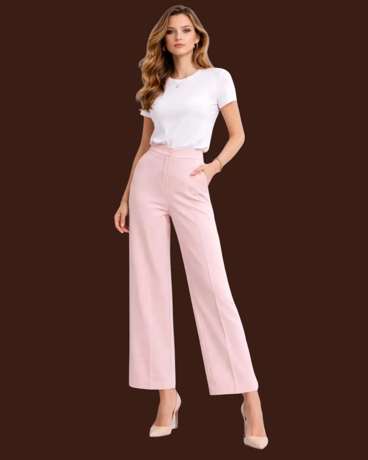 Modella indossa pantaloni Madison Shop rosa a gamba larga con vita alta e t-shirt bianca elegante
